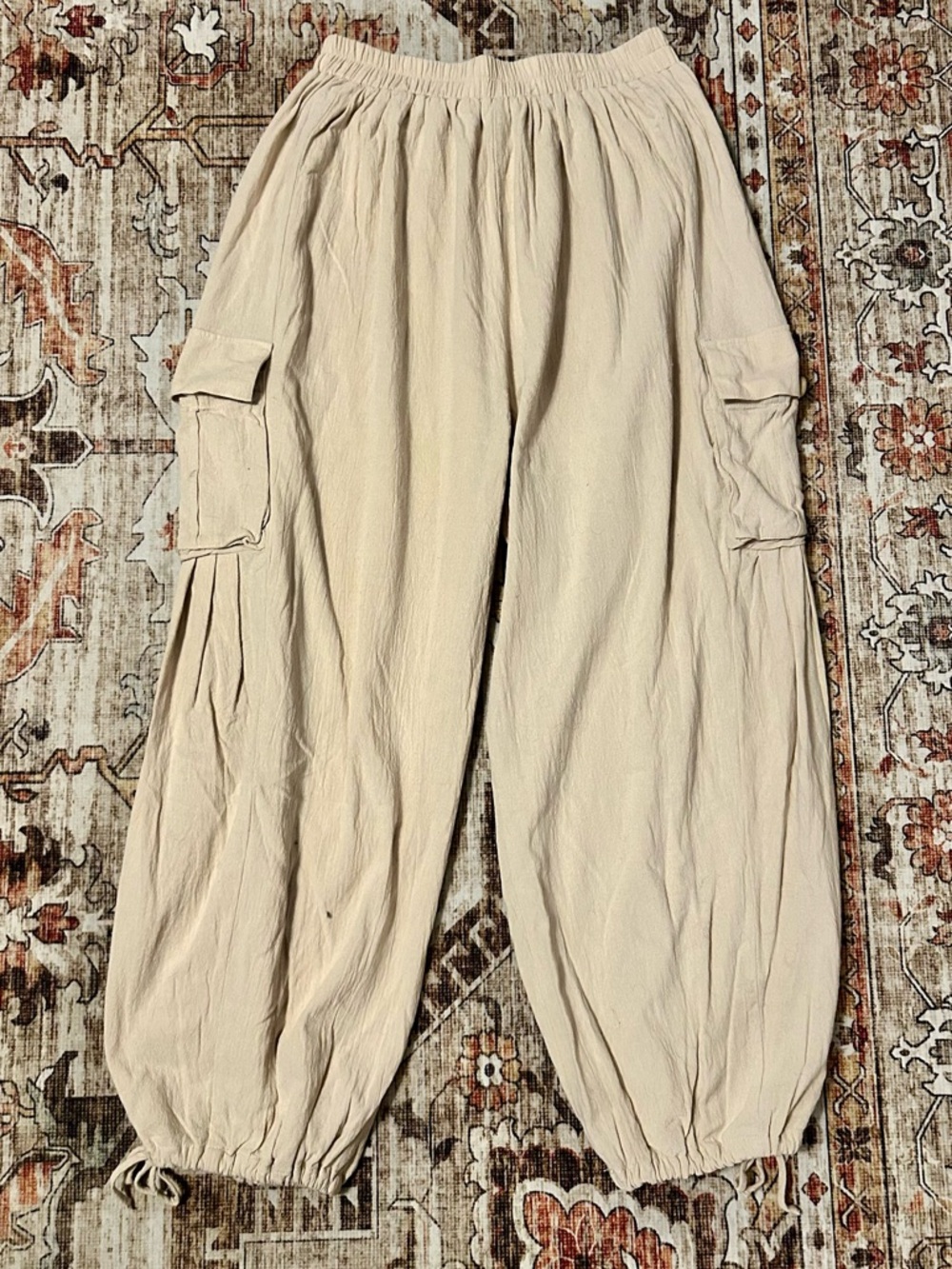 Aakaa Cream Cargo Parachute Pants Large Boho Drawstring Balloon Jogger NWOT - Picture 6 of 11